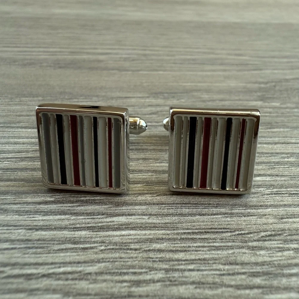 Men’s Striped Black, White, Burgundy & Grey Silver Tone Cuff Links